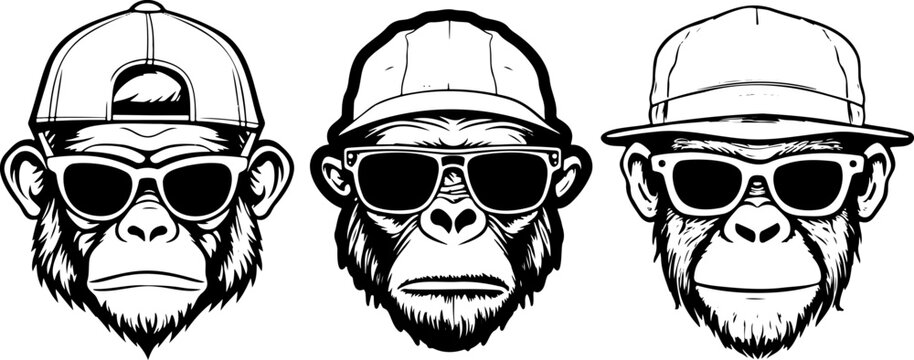 set of monkey wearing glasses and hat, tattoos vector art