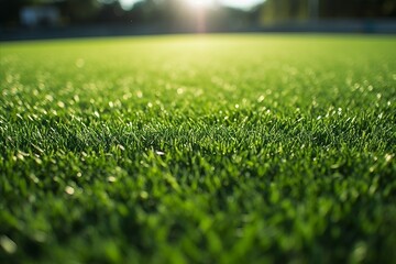 Lush Green Synthetic Grass on Soccer Field with Part of the Soccer Goal and Shadow from the Goal Net - obrazy, fototapety, plakaty