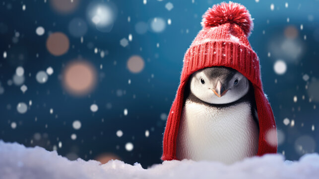 a penguin with a red hat. Snowing.