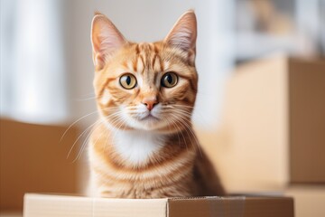 Moving to a New Home. Donation Concept with Stack of Cardboard Boxes and a Cat in an Empty Box