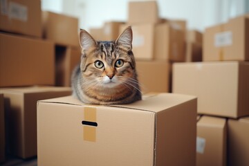Fototapeta premium Moving to New Home, Donation Concept - Stack of Cardboard Boxes with Cat Sitting in Empty Box