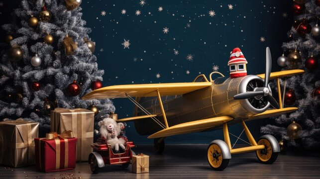 A toy airplane with a santa hat sitting next to a christmas tree