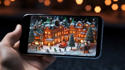 A person holding up a cell phone with a christmas scene on it