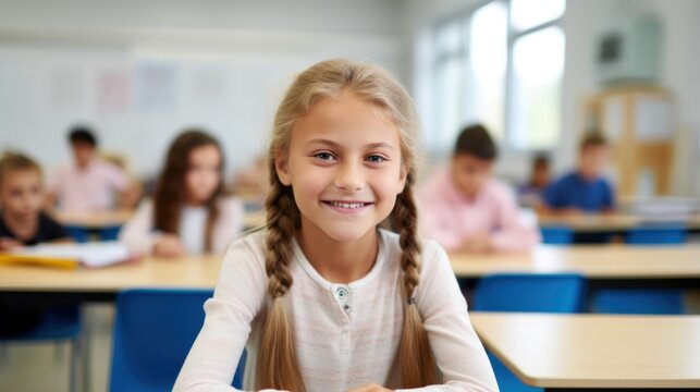A little girl sitting at a table in a classroom