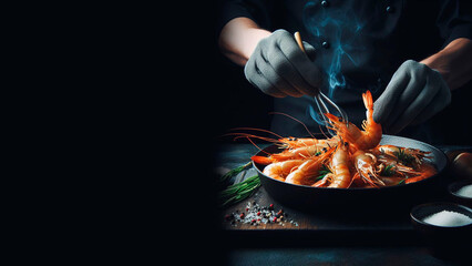 Chef cooking tiger shrimp on a dark background close-up
