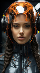  Futuristic robot in orange color helmet, looks like beautiful female face on isolated background. AI Generative