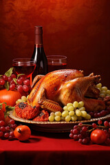 Thanksgiving Day. Roast Turkey with vegetables and fruits. holiday, wine. place for text. copy space. red background