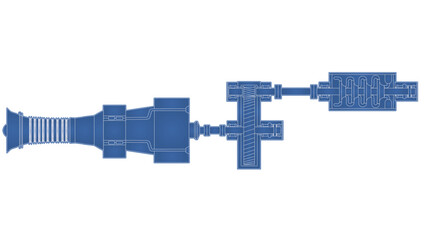 Centrifugal compressor, gearbox, and aeroderivative gas turbine turbomachinery blueprint drawing showing couplings, journal bearings, single helical gears, impellers, and thrust bearings - obrazy, fototapety, plakaty