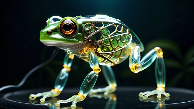 Dans une ambiance orange &eacute;clatante, la grenouille futuriste explore la jungle m&eacute;canique avec des yeux &eacute;lectriques, incarnant l'harmonie entre la technologie avanc&eacute;e et l'essence sauvage de la nature.