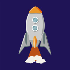 Rocket taking off with burning fuel on dark blue background - vector cartoon illustration for design