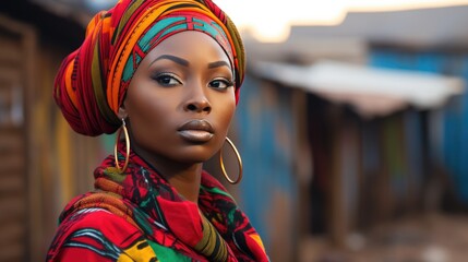 African woman wearing traditional national clothing and head wrapper. Black History Month concept. Black beautiful lady close-up portrait dressed in colourful cloth and jewellery. .