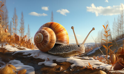 A cartoon snail hurries through the winter forest. - obrazy, fototapety, plakaty