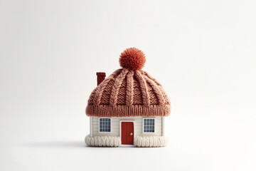 A house consisting of a knitted hat - real estate insulation concept. - obrazy, fototapety, plakaty