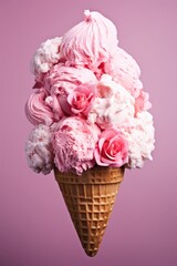 Ice cream in waffle cone with pink roses on pink background.