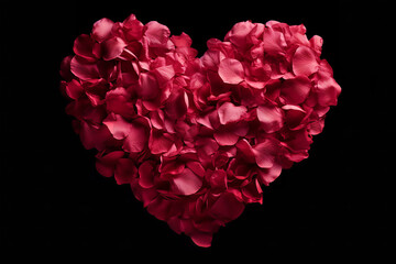 A big 3d heart made from rose petal on black background