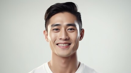 A Southeast Asian Man Smiling with Flawless Glowy Skin with Copy Space Isolated on the White Background
