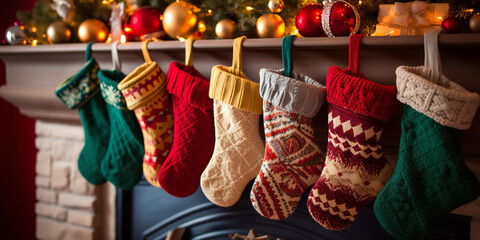 A close-up shot of a fireplace mantle adorned with a row of colorful and festive stockings - Powered by Adobe