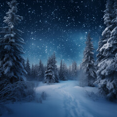 Fototapeta na wymiar Winter forest in the night. Beautiful winter landscape.