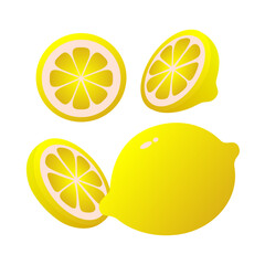 Fresh citrus, sliced ​​lemon halves and sliced ​​lemon. Fruit slices and zest for lemonade juice or vitamin C logo. Set of isolated cartoon vector illustration icons