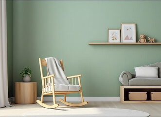 A wooden rocking baby rocking chair in the pastel green child's room, in the style of minimalist backgrounds