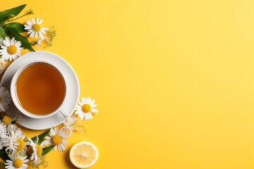 Chamomile tea cup with honey, ginger and lemon, top wiev, flat lay, copy space - Powered by Adobe