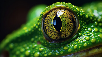Close-up photography of the eye of a green tree frog, diffuse spot lighting, macro photo style