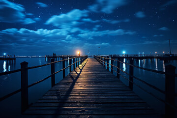 Fototapeta na wymiar Dark moonlit pier at night with wooden walkway