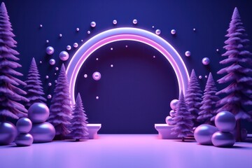 neon purple christmas decoration with arch and xmas trees 3d render set design with copy space center