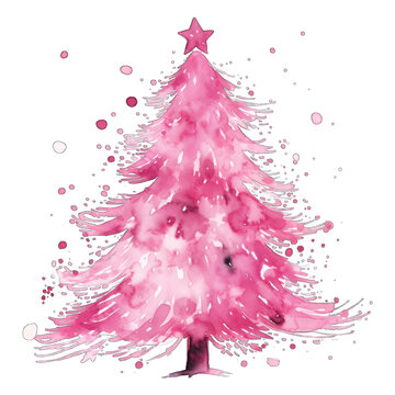 Watercolor abstract pink Christmas tree - isolated on transparent background