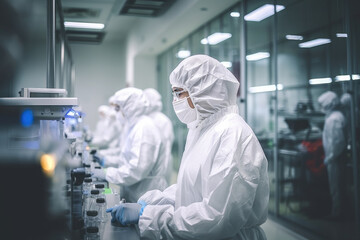 Skilled scientists and technicians collaborating in a modern industrial laboratory to advance technology and pharmaceutical production. - obrazy, fototapety, plakaty