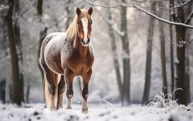 Obraz na płótnie Canvas Horse in forest during snowfall, atmospheric winter view