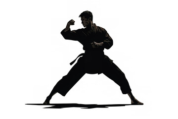 Martial artist in stance, side view, black silhouette, full black fill color, flat color, solid black, white background - Powered by Adobe