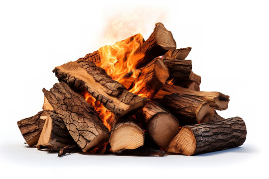 Image of firewood burning on a white background, in the style of photo-realistic