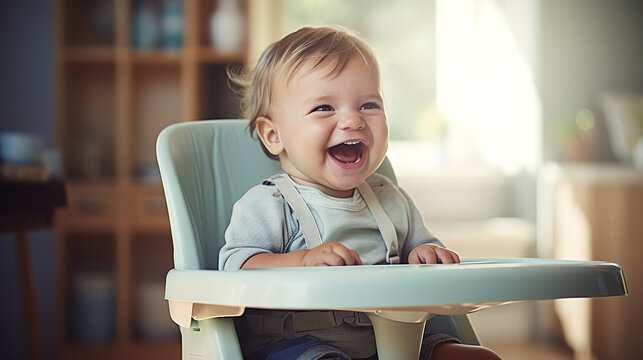 Laughing baby in a high chair, in the style of a stock photo, smart casual, diverse, relatable personality, cheerful muted color palette with texture