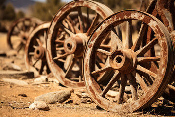 Fototapeta na wymiar Old rust colored wagon wheels to vintage rustic printout