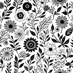 Background of graphic white and black flowers on a white background