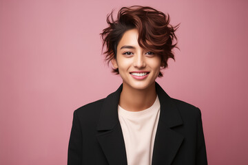 Happy asian woman with short black hair, at the pink studio background. Non binary person. 
