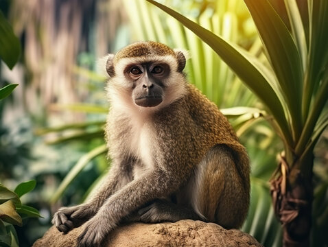 Realistic photo monkey in Fresh exotic jungle background