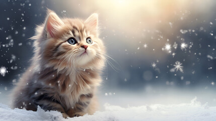 Cute little gray kitten sitting on the snow with copy space for text. Snowy winter background. Christmas background with pets. - Powered by Adobe