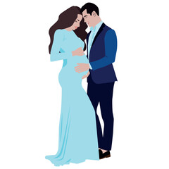 Beautiful pregnant woman in a blue dress with a man in a trouser suit, the husband strokes his wife's pregnant belly. Vector illustration.