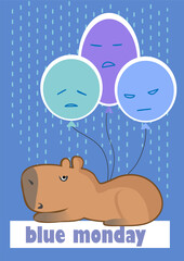 Obraz na płótnie Canvas Blue monday in January. Design with text Blue Monday and sad capybara in flat style. Vector art