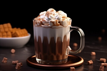 Cup of Hot Chocolate with Whipped Cream and Marshmallows on Dark Background