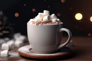 Cup of Hot Chocolate with Whipped Cream and Marshmallows on Dark Background