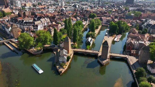 Aerial view of the cityscape of Petite France. Strasbourg, France. Barrage Vauban with medieval bridge Ponts Couverts