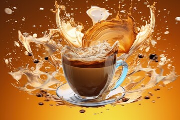 Cup of Coffee with Milk with Splashes Around, Close-up