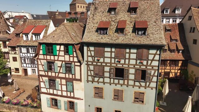 Aerial view of the cityscape of Petite France. Strasbourg, France. Barrage Vauban with medieval bridge Ponts Couverts
