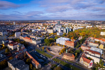 Szczecin from a bird's eye view on a sunny day. View of the city from the Oder River. City...