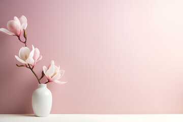 Pink Magnolia Flowers in a White Vase Against a Pastel Pink Backdrop