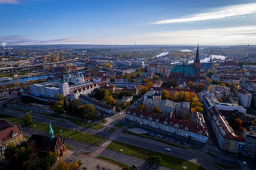 Szczecin from a bird's eye view on a sunny day. View of the city from the Oder River. City...