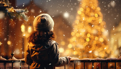 niña de espaldas apoyada en la  barandilla de una ciudad durante la noche, observando un árbol de navidad decorado e iluminado